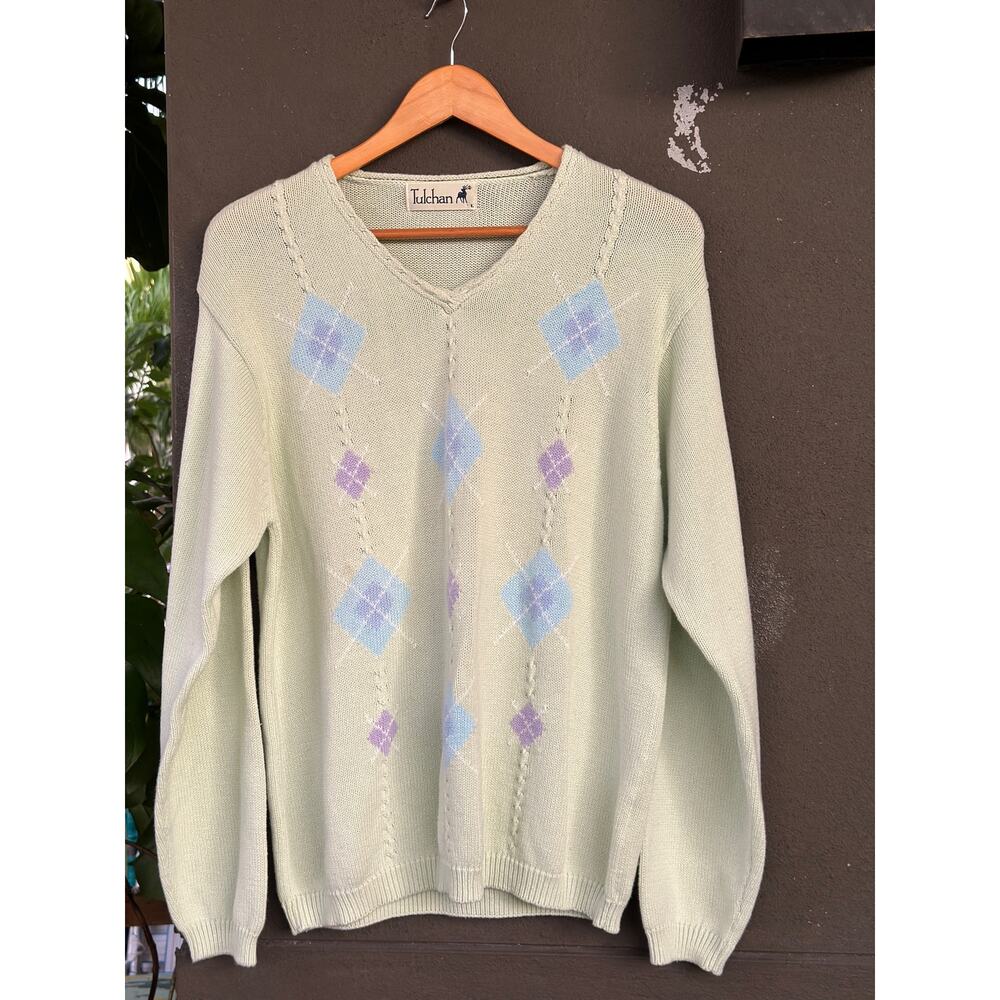 Vintage 90s Tulchan Men’s Large Green Rhombus Knit Pullover V-Neck Sweater